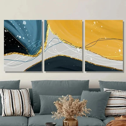 3pcs Abstract Geometry Golden Metal Print Ready to Hang Art - Bella Home Decor