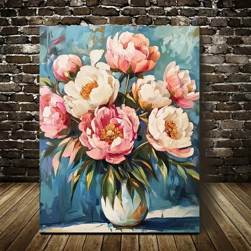 Vibrant Pink & White Peonies with Green Stems Painting  40x60cm Metal Print Ready to Hang - Bella Home Decor