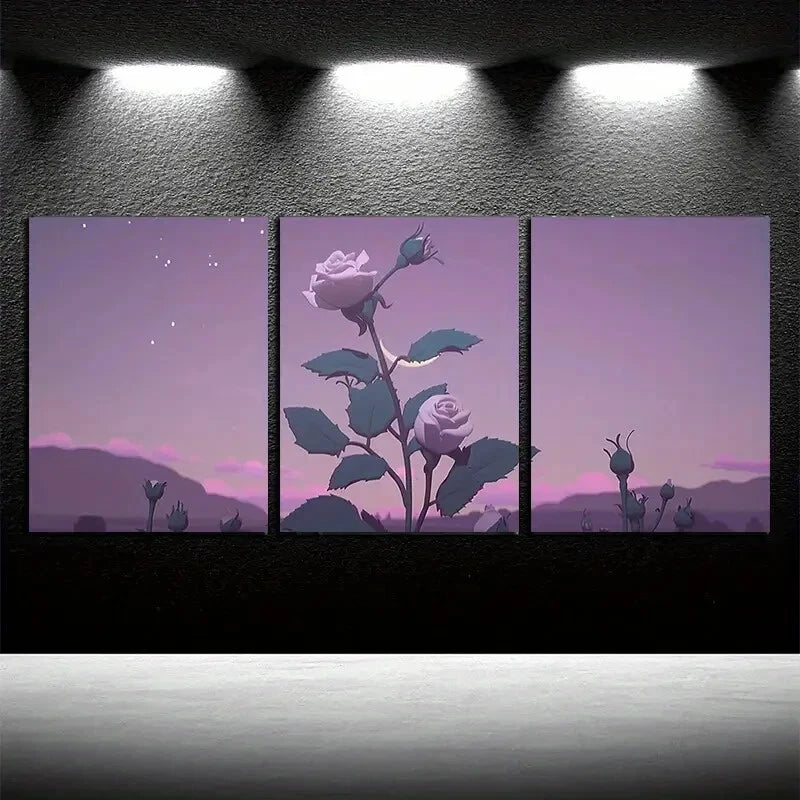 3pcs Vibrant Charming Roses with Moon View Metal Print Ready to Hang Art - Bella Home Decor