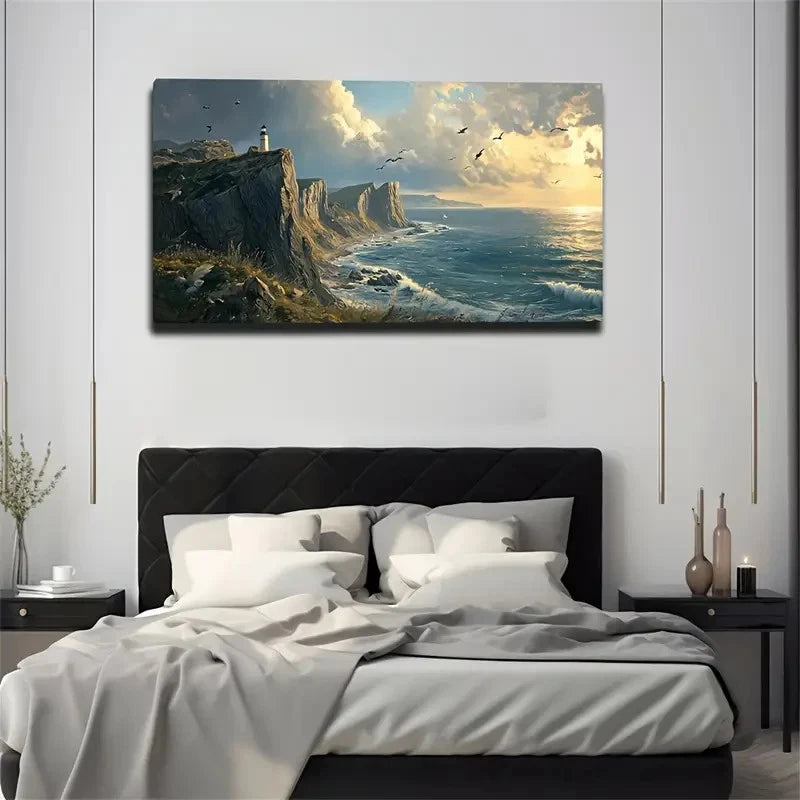 Lighthouse On The Cliff Wall Art Canvas Office Home Room Framed 120x60cm