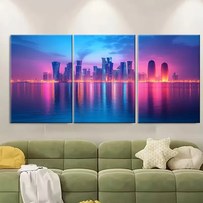 3pcs Doha Cityscape Night Metal Print Ready to Hang Art - Bella Home Decor