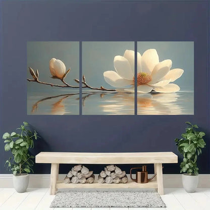 3pcs White Magnolia Flower Art Painting Metal Print Ready to Hang Art - Bella Home Decor