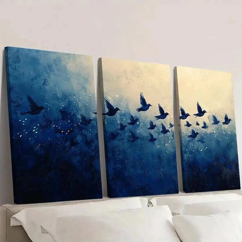 3pcs Abstract Navy Blue Bird Flock LO   Wall Art Set Canvas Framed 40x60cm - High Quality Print 100% Australian Made Wall Canvas Ready to Hang - Bella Home Decor