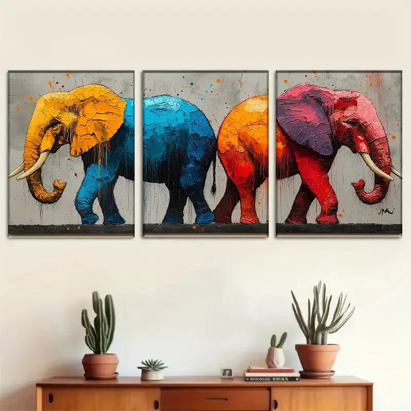 3pcs Colorful Elephant Triptych Wall Art Metal Print Ready to Hang Art - Bella Home Decor