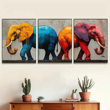 3pcs Colorful Elephant Triptych Wall Art Metal Print Ready to Hang Art - Bella Home Decor