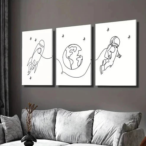 3pcs Earth Rocket Astronaut Line Drawings Wall Art Set Canvas Unframed - High Quality Print 100% Australian Made Wall Canvas - Bella Home Decor