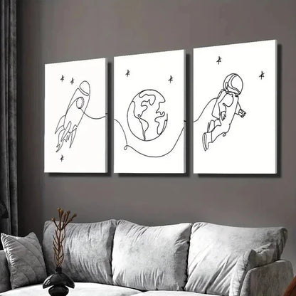 3pcs Earth Rocket Astronaut Line Drawings Wall Art Set Canvas Unframed - High Quality Print 100% Australian Made Wall Canvas - Bella Home Decor