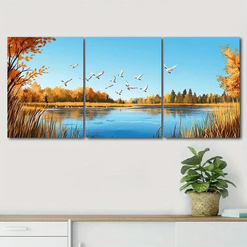 3pcs Nature's Beauty Blue Lake Birds Perfect Wall Art Canvas Unframed - High Quality Print 100% Australian Made Wall Canvas