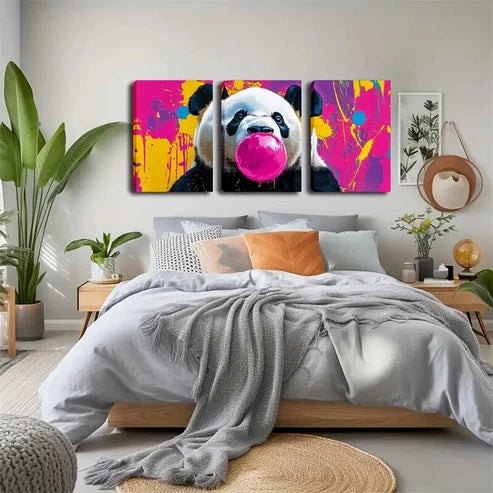 3pcs Panda Pink Paint Bubble cartoon style Wall Art Set Canvas Unframed - High Quality Print 100% Australian Made Wall Canvas