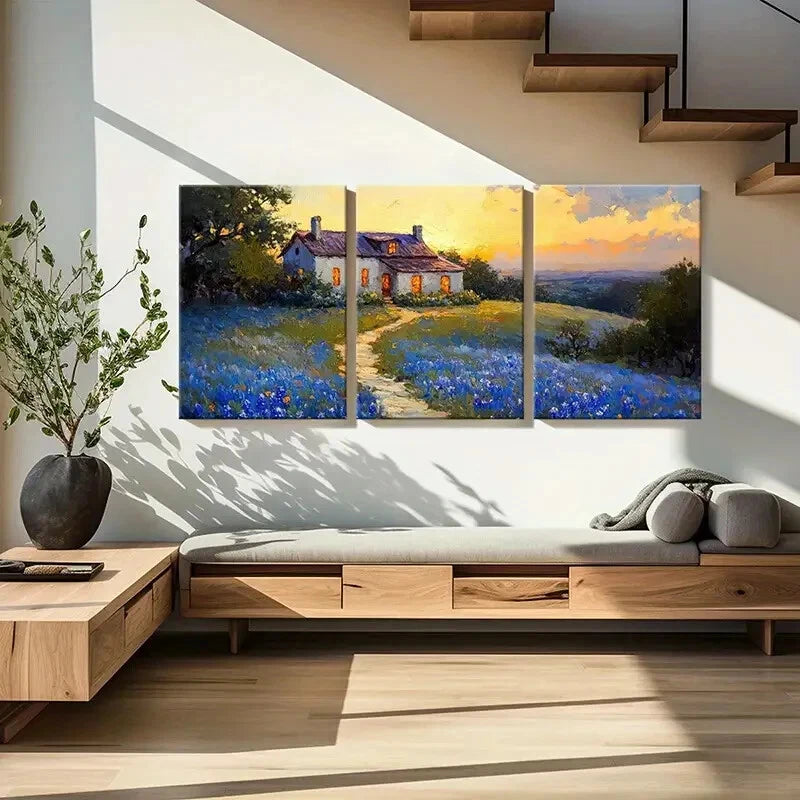 3pcs Sunset Glow Bluebonnet Field Pathway & Trees Metal Print Ready to Hang Art - Bella Home Decor