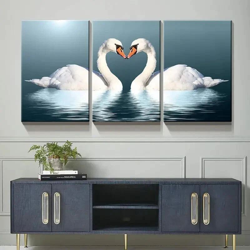 3pcs   Romantic Heart-Shaped Swans Metal Print Ready to Hang Art