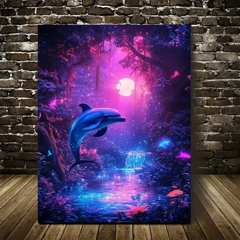 Cyberpunk Dolphin Jungle Scene with Neon Glow Painting 40x60cm Metal Print Ready to Hang - Bella Home Decor