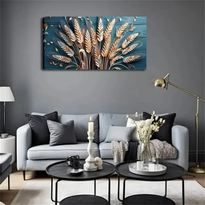 Golden Wheat On Dark Blue Décor Wall Art Canvas Office Home Room Framed 120x60cm - Bella Home Decor