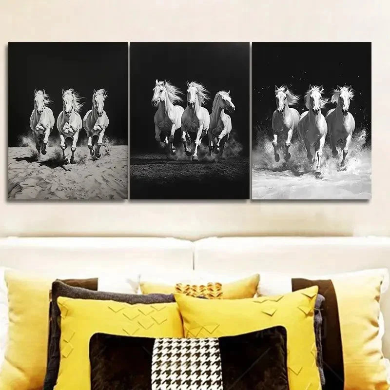 3pcs Three White Horses Are Running Painting Metal Print Ready to Hang Art - Bella Home Decor