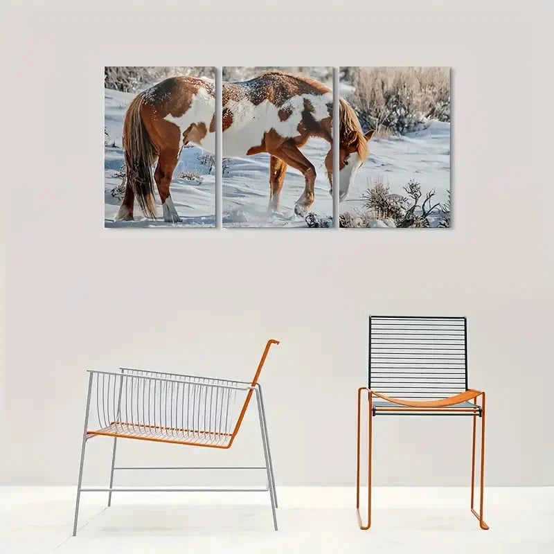 3pcs Snowy Winter Scene Horse Metal Print Ready to Hang Art