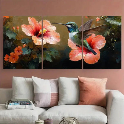 3pcs Hibiscus Floral with Hummingbird Design Metal Print Ready to Hang Art - Bella Home Decor