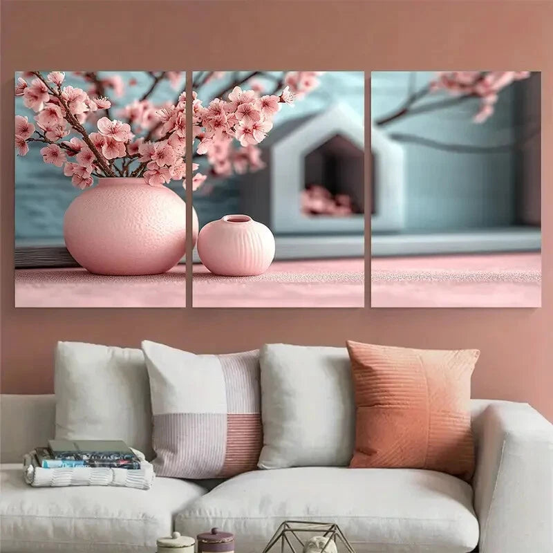 3pcs Vibrant Pink Florals in Vase Illustration Metal Print Ready to Hang Art - Bella Home Decor