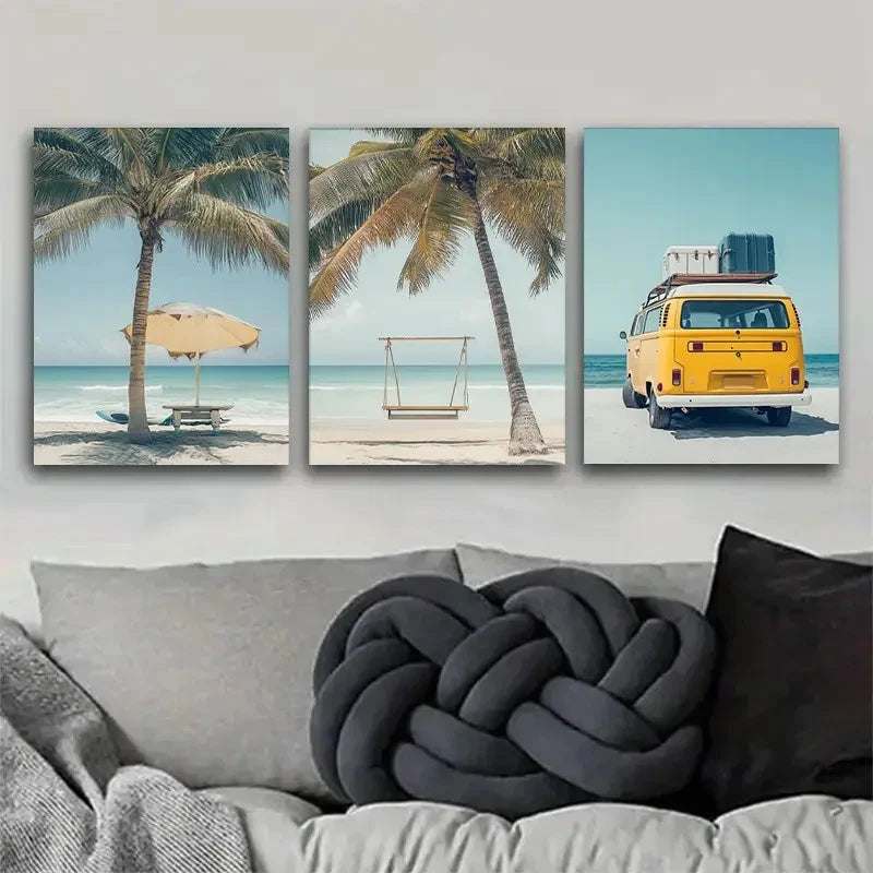 3pcs Beach with Palm Trees & Kombi Van Scene Wall Art Set Canvas Framed 50x70cm - High Quality Print 100% Australian Made Wall Canvas Ready to Hang - Bella Home Decor
