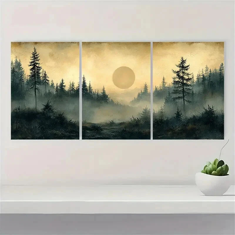 3pcs Vintage Nature Sketch with Pine Trees Metal Print Ready to Hang Art