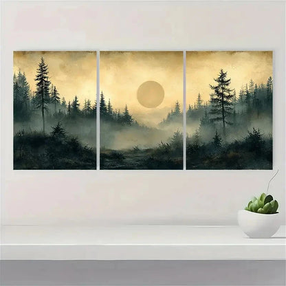 3pcs Vintage Nature Sketch with Pine Trees Metal Print Ready to Hang Art