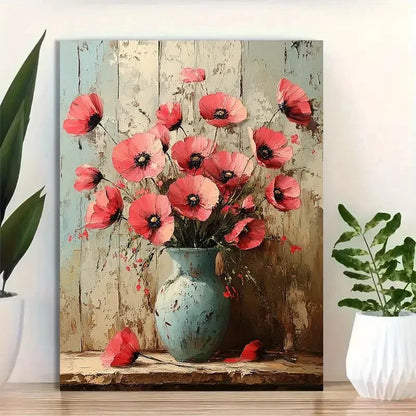 Beautiful Poppy Painting with Rustic Flower 40x60cm Metal Print Ready to Hang - Bella Home Decor