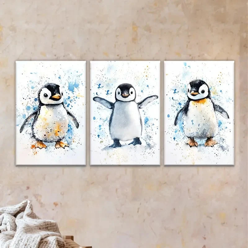 3pcs Three penguins with watercolor Wall Art Set Canvas Framed 40x60cm - High Quality Print 100% Australian Made Wall Canvas Ready to Hang - Bella Home Decor