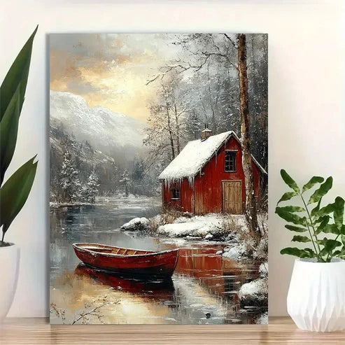 Beautiful Panoramic Tranquil Winter Lake Painting 60x90cm Metal Print Ready to Hang