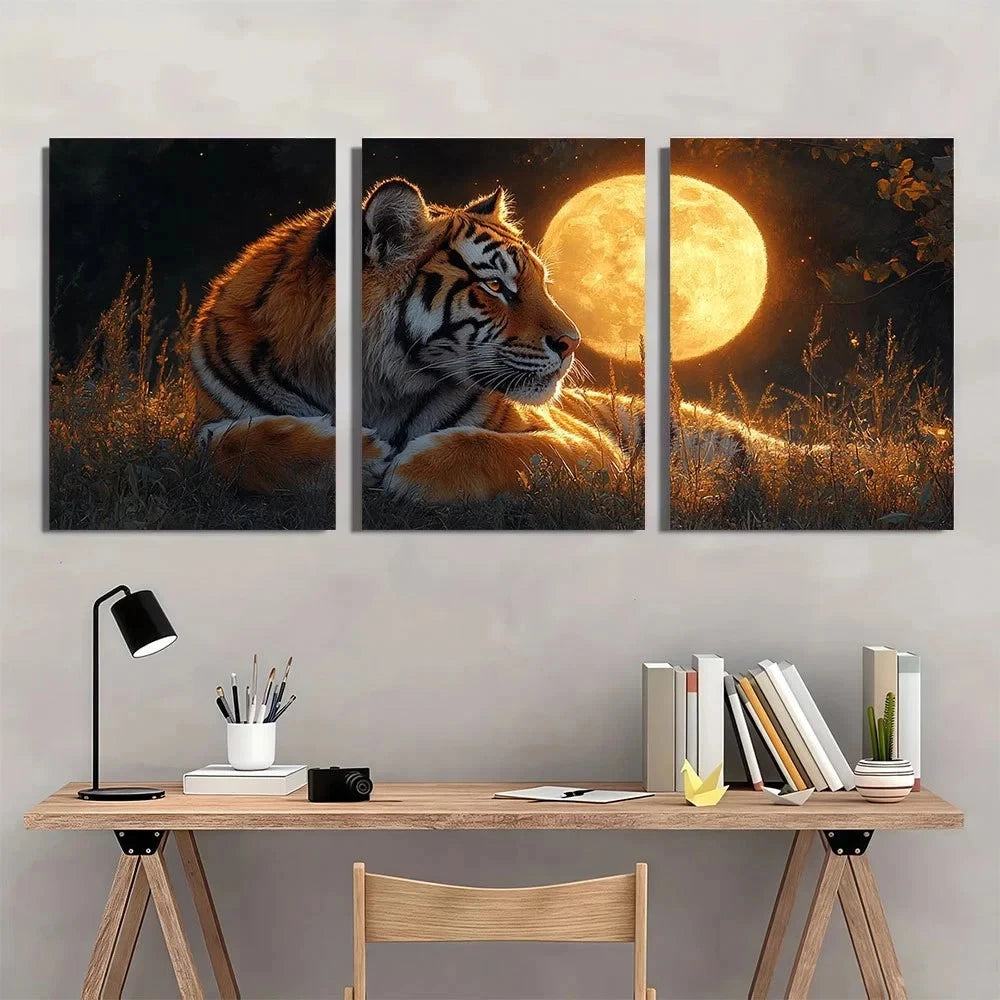 3pcs Majestic Tiger Under Full Moon Metal Print Ready to Hang Art - Bella Home Decor