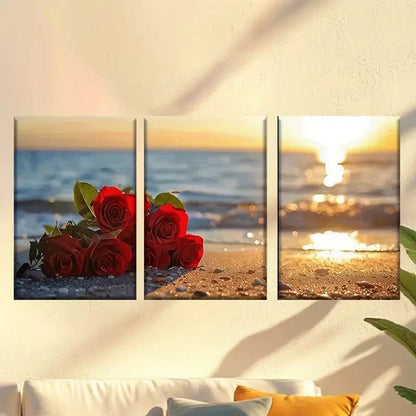 3pcs Couple of Red Roses Sitting on the Beach Wall Art Set Canvas Framed 40x60cm - High Quality Print 100% Australian Made Wall Canvas Ready to Hang - Bella Home Decor