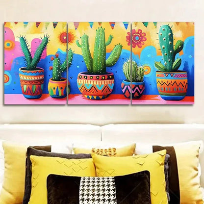 3pcs Cactus in Colorful Flower Pots Painting Wall Art Set Canvas Unframed - High Quality Print 100% Australian Made Wall Canvas - Bella Home Decor