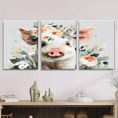 3pcs Cute Pig Mom Floral Design Wall Art Set Canvas Framed 50x70cm - High Quality Print 100% Australian Made Wall Canvas Ready to Hang - Bella Home Decor