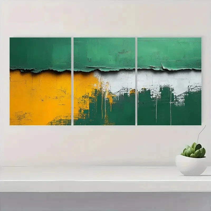 3pcs Green & White Abstract Minimalist Textured Metal Print Ready to Hang Art - Bella Home Decor