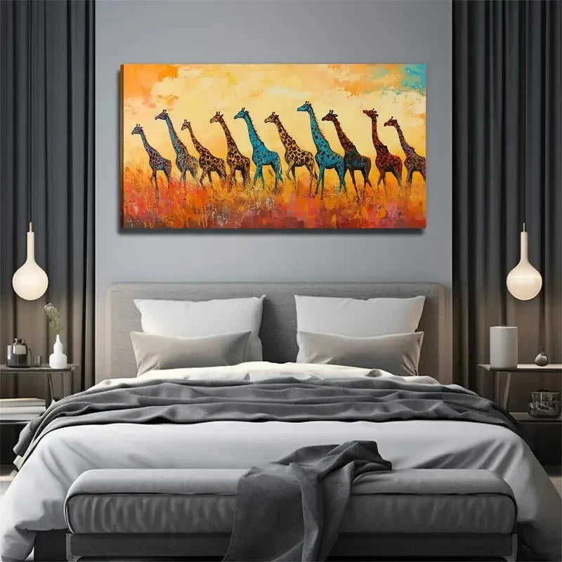 Giraffe Family Suitable Wall Art Canvas Office Home Room Framed 120x60cm