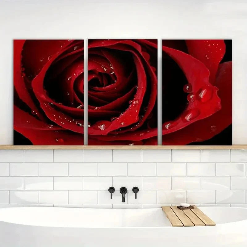 3pcs Vibrant Red Rose Water Droplets Detail Metal Print Ready to Hang Art - Bella Home Decor
