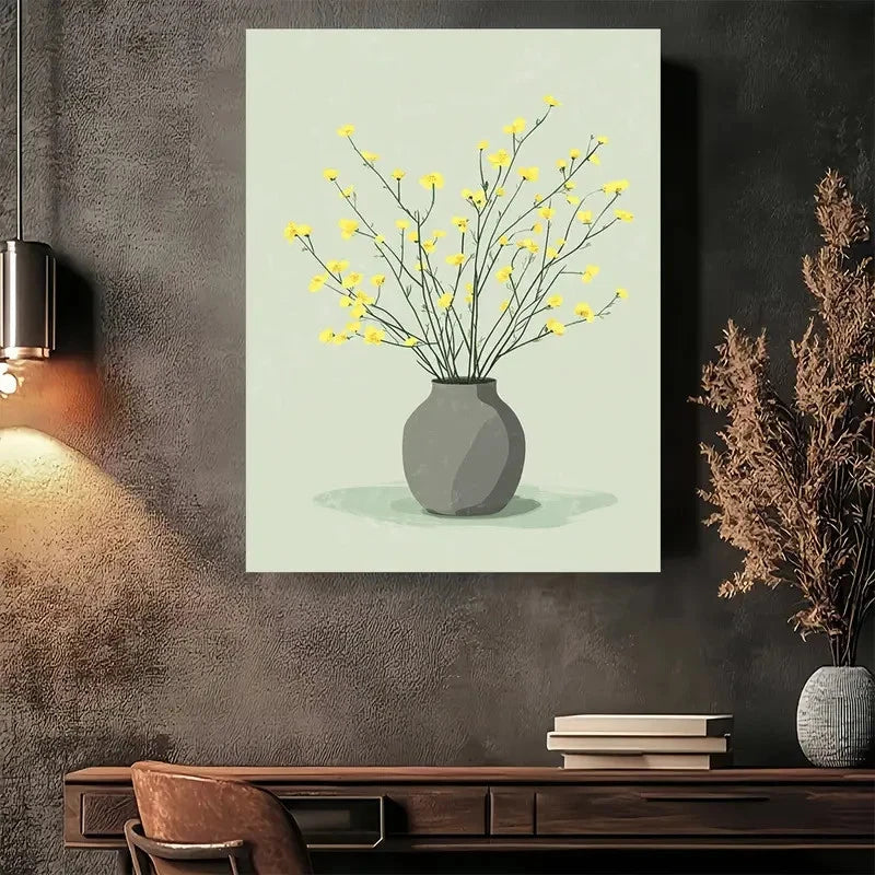 Modern Minimalist Yellow Flower Painting 40x60cm Metal Print Ready to Hang - Bella Home Decor