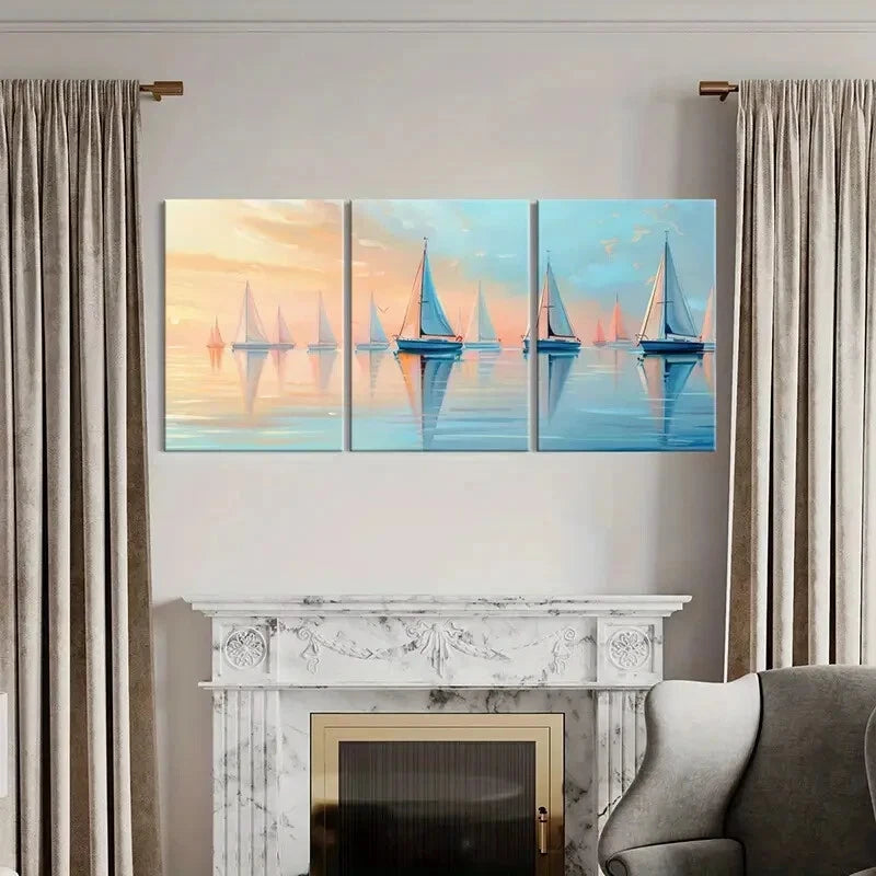 3pcs Sailing Boats Serene Ocean Pastel Sky Metal Print Ready to Hang Art - Bella Home Decor