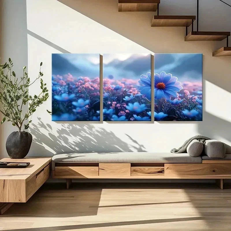 3pcs Blue Pink & Purple Wildflower Field Wall Art Set Canvas Framed 50x70cm - High Quality Print 100% Australian Made Wall Canvas Ready to Hang - Bella Home Decor