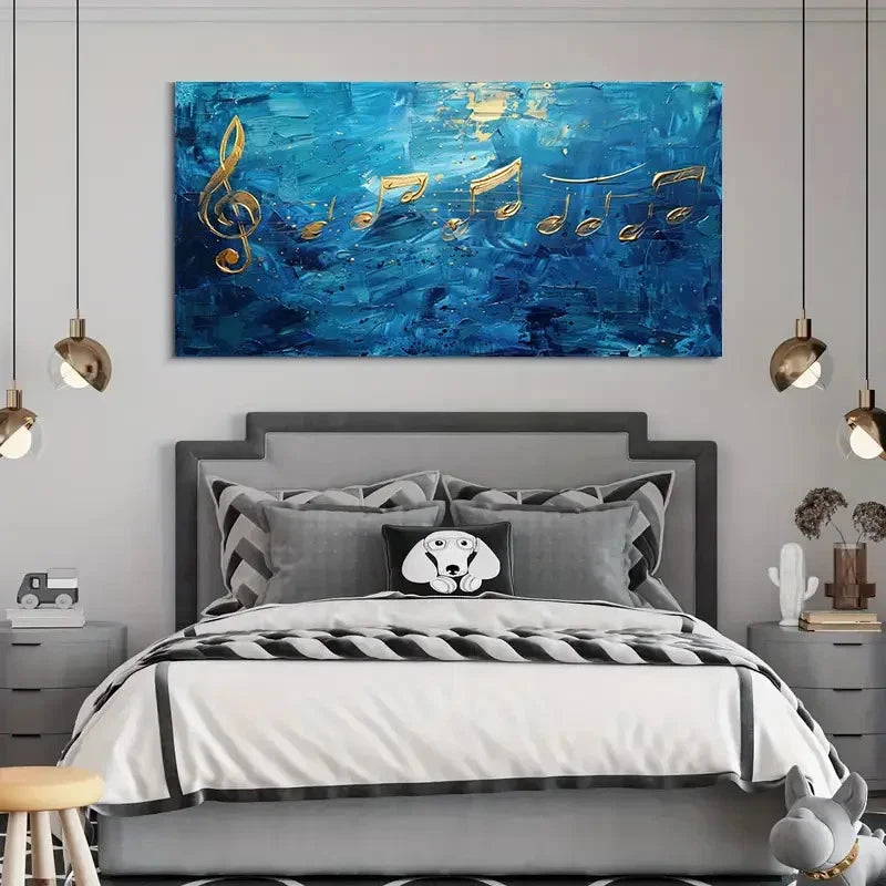 Contemporary Blue And Golden Wall Art Canvas Office Home Room Framed 120x60cm