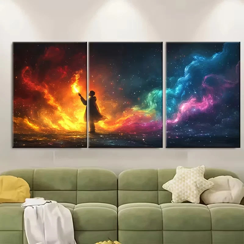 3pcs Boy Holding Flare in Darkness Rainbow Smoke Metal Print Ready to Hang Art - Bella Home Decor
