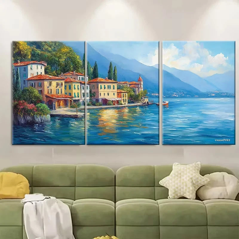 3pcs Houses Painting Italian Seascape Metal Print Ready to Hang Art