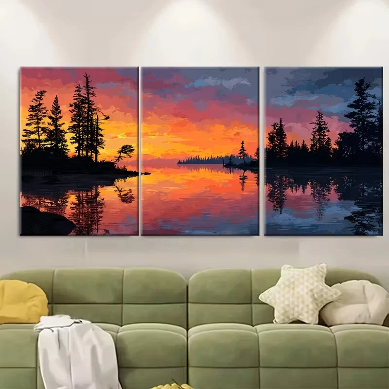 3pcs Lakeside Sunset Scenery Metal Print Ready to Hang Art