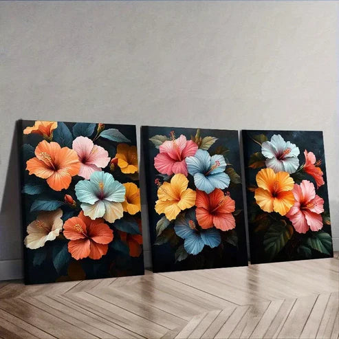 3pcs Featuring Hibiscus Flowers, Floral Wall Art Set Wall Art Canvas Unframed - High Quality Print 100% Australian Made Wall Canvas