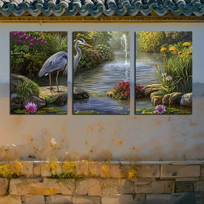 3pcs Vibrant Heron in Tranquil Pond Scene Metal Print Ready to Hang Art