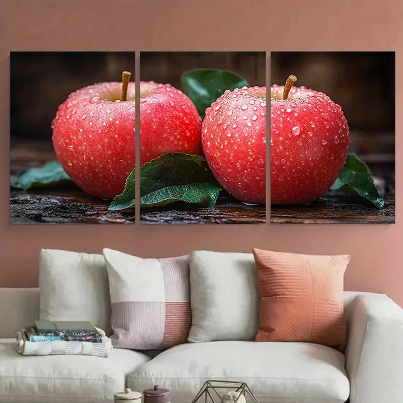 3pcs Red Apple with Leaves Illustration Metal Print Ready to Hang Art - Bella Home Decor