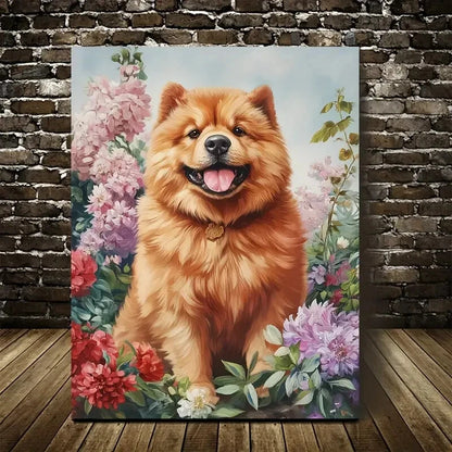 Adorable Chow Chow Dog with Colorful Flowers  40x60cm Metal Print Ready to Hang - Bella Home Decor