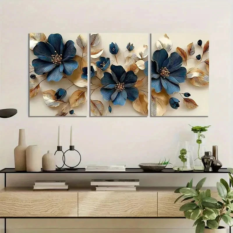 3pcs Dark Blue Flowers with Golden Leaves Metal Print Ready to Hang Art - Bella Home Decor