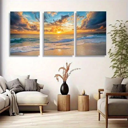 3pcs Coastal Ocean Sunset Golden Sky Gentle Waves Metal Print Ready to Hang Art - Bella Home Decor