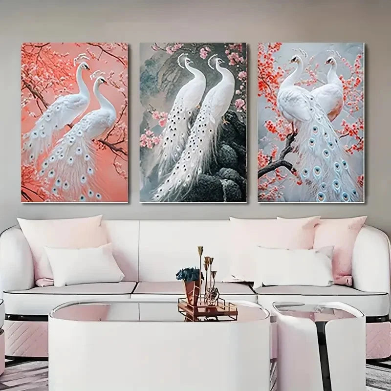 3pcs Elegant White Peacocks and Peach   Wall Art Canvas  Framed 60x90cm - High Quality Print 100% Australian Made Wall Canvas Ready to Hang