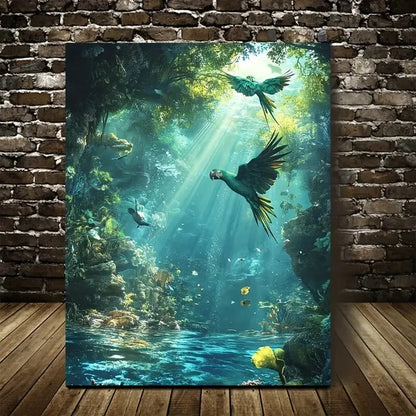 Steampunk Parrot Underwater Scene Vibrant Painting 40x60cm Metal Print Ready to Hang - Bella Home Decor