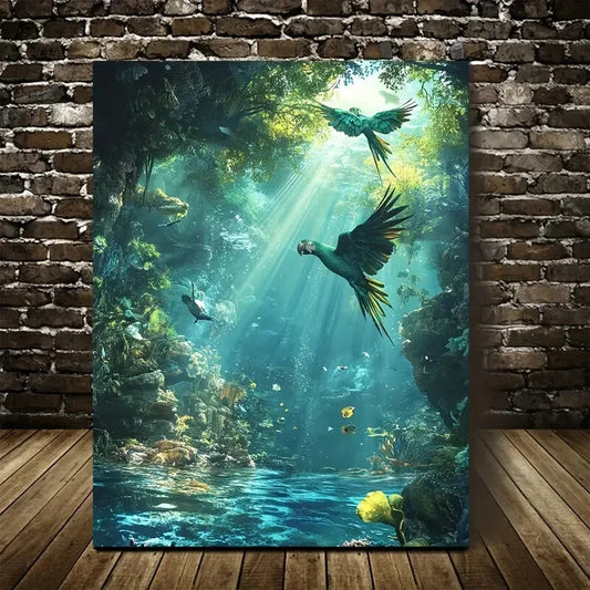 Steampunk Parrot Underwater Scene Vibrant Painting 40x60cm Metal Print Ready to Hang - Bella Home Decor